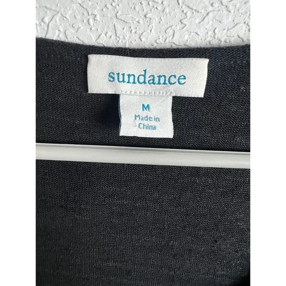 Sundance Black V-Neck Ruffle Neck Top Size Medium 100% Linen Short Sleeve - Picture 2 of 6